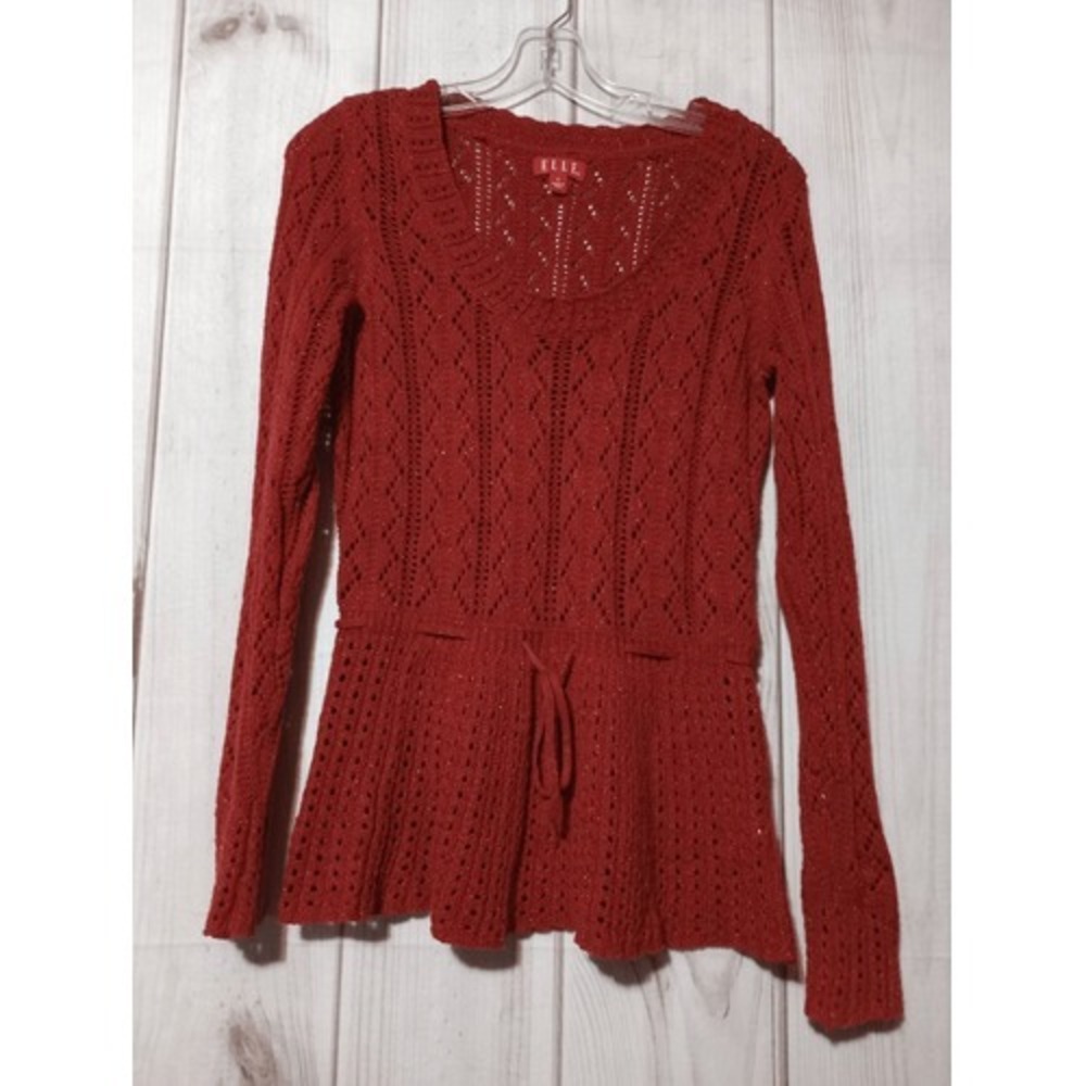 Elle Red Pointelle‎ Peplum Sweater Metallic Knit Drawstring Waist Small